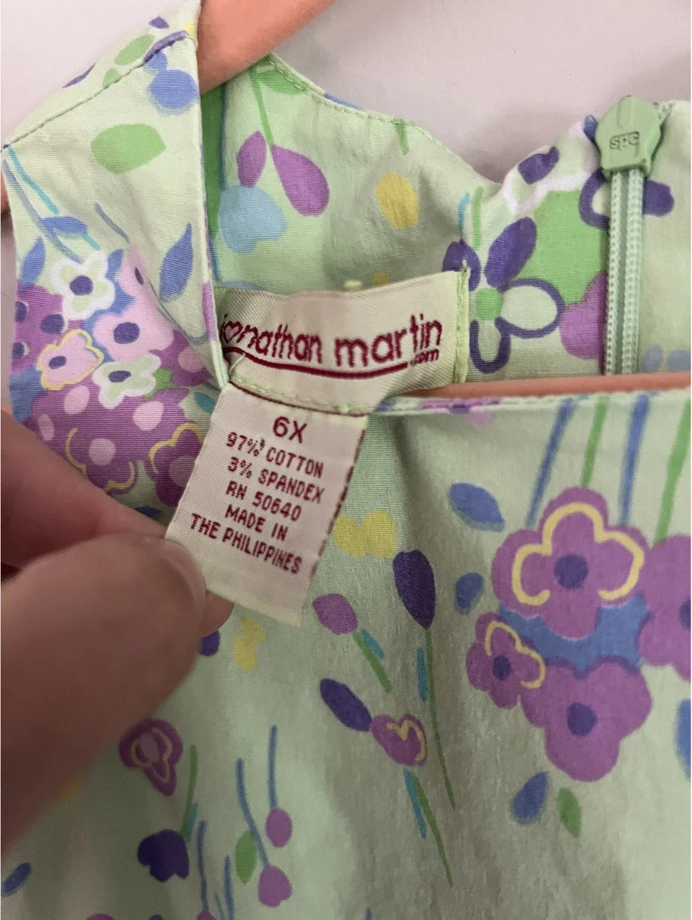 Vintage Jonathan Martin Girls Green Floral Shift Dress, 6x